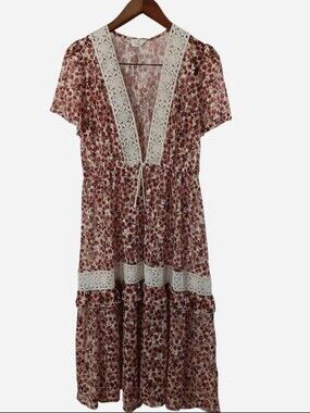 Ember Floral Lace Trim Midi Drrss Kimono Duster Tie Front Tassel Large Like New